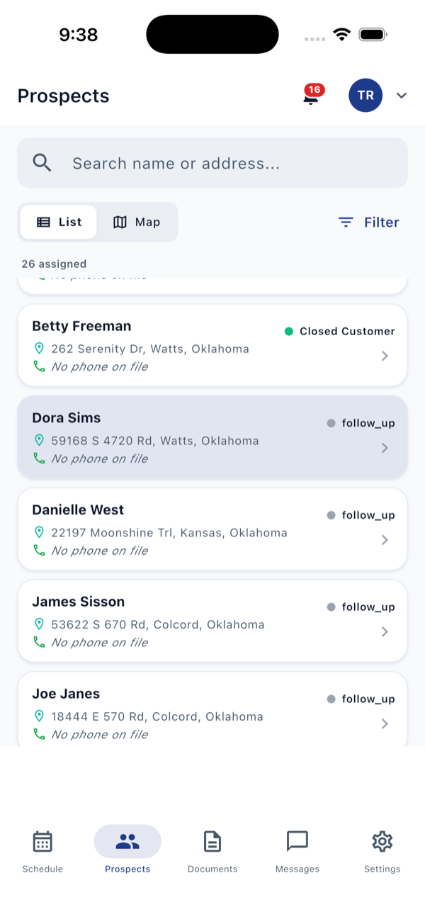 Roof-Aid mobile app showing the lead pipeline — prospects with status badges, search, and a list/map toggle